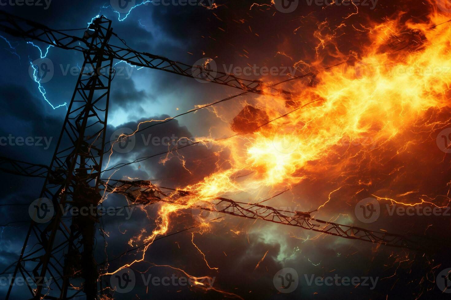 The rupture of a power line causing sparks to emanate from the severed wires. photo