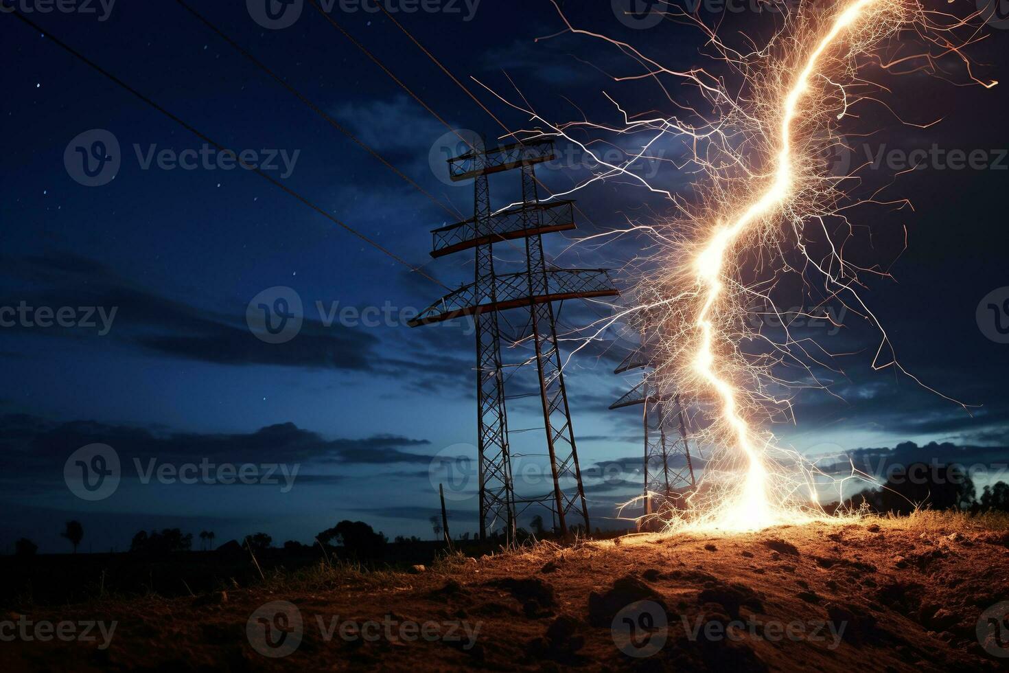 The rupture of a power line causing sparks to emanate from the severed wires. photo