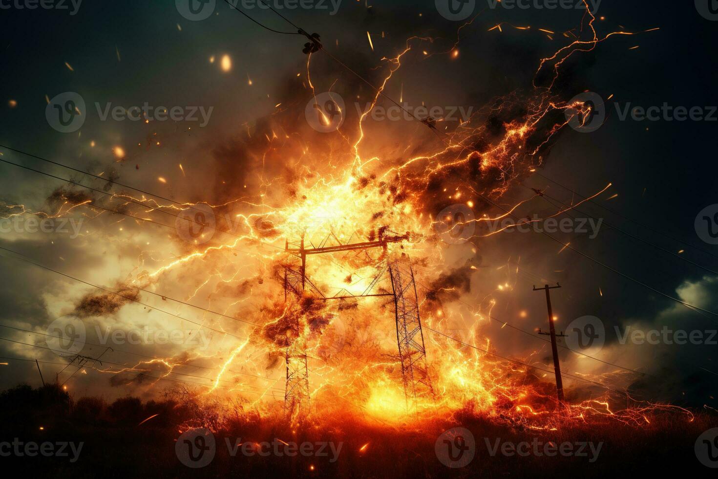 The rupture of a power line causing sparks to emanate from the severed wires. photo