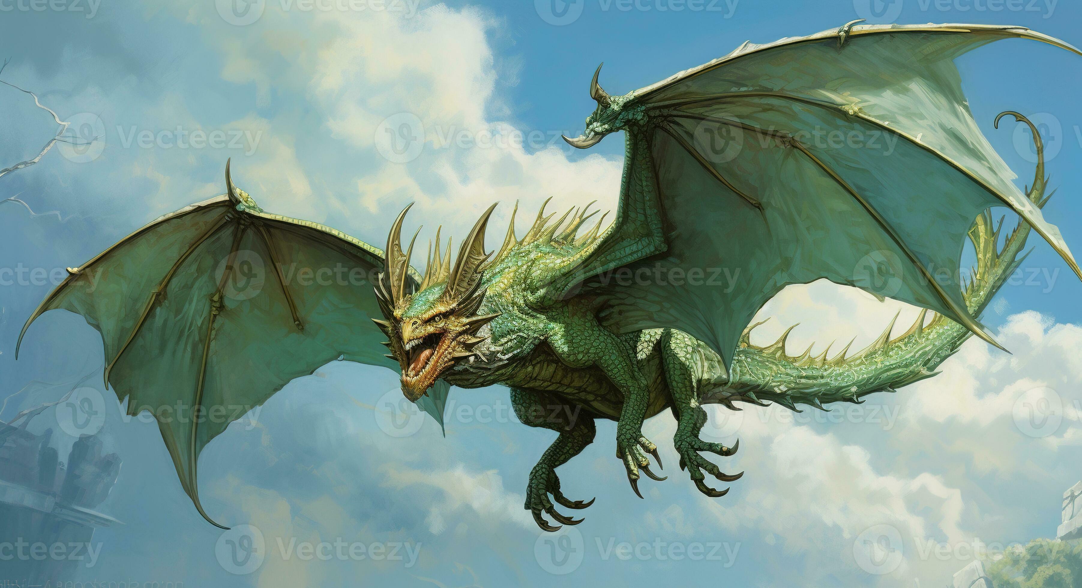 Wood dragon fantasy landscape digital illustration Stock