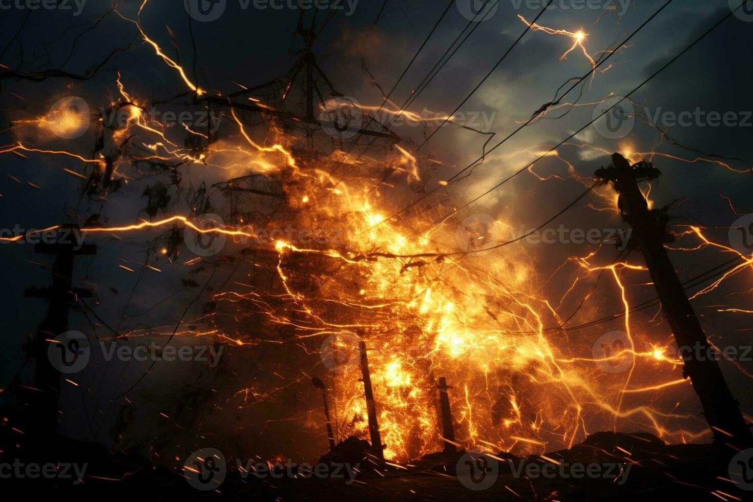 The rupture of a power line causing sparks to emanate from the severed wires. photo