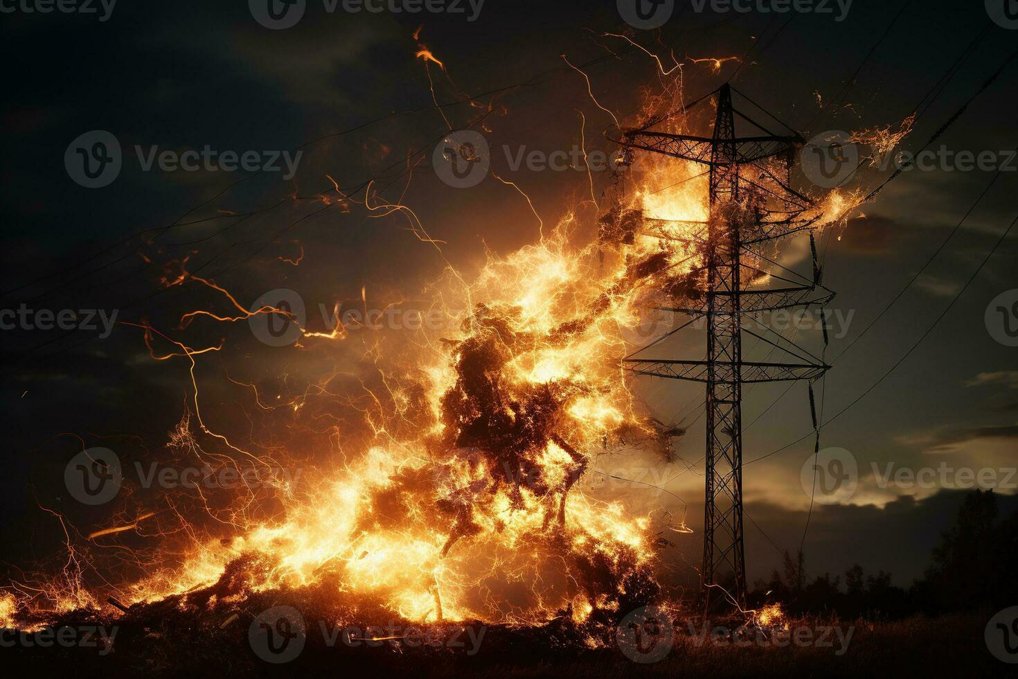 The rupture of a power line causing sparks to emanate from the severed wires. photo