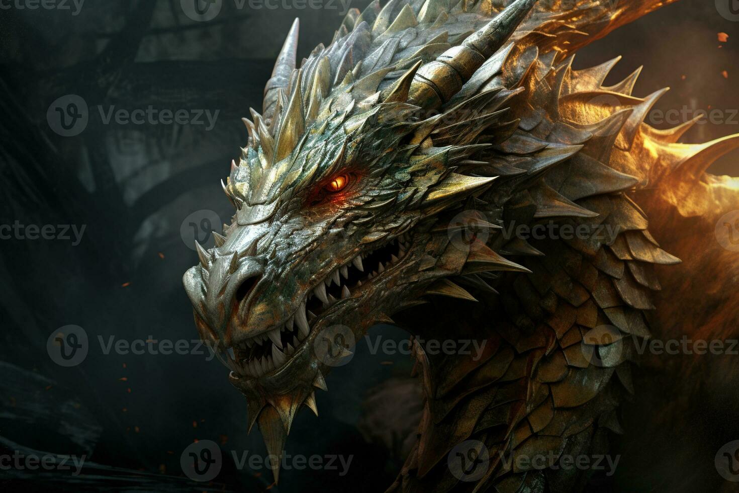 Head of Fantasy Dragon. Ferocious monster. Vicious dragon with a gaping maw. Digital illustration AI Generative photo