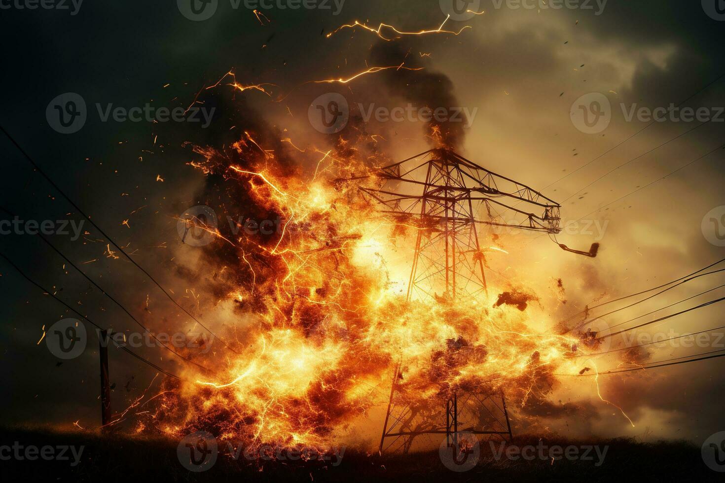 The rupture of a power line causing sparks to emanate from the severed wires. photo