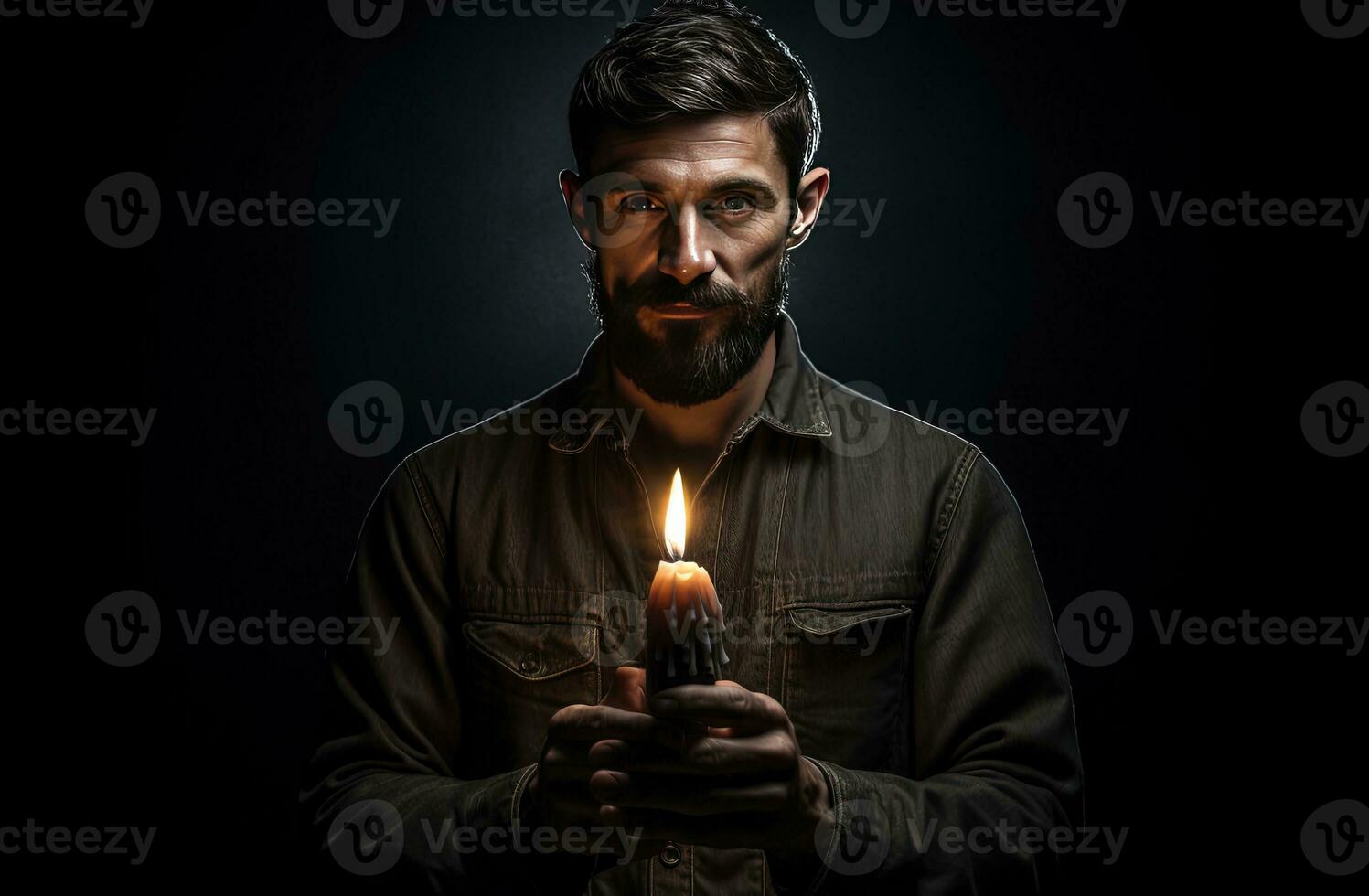 Man looking at the camera with a candle in the dark. Blackout concept. AI Generative photo