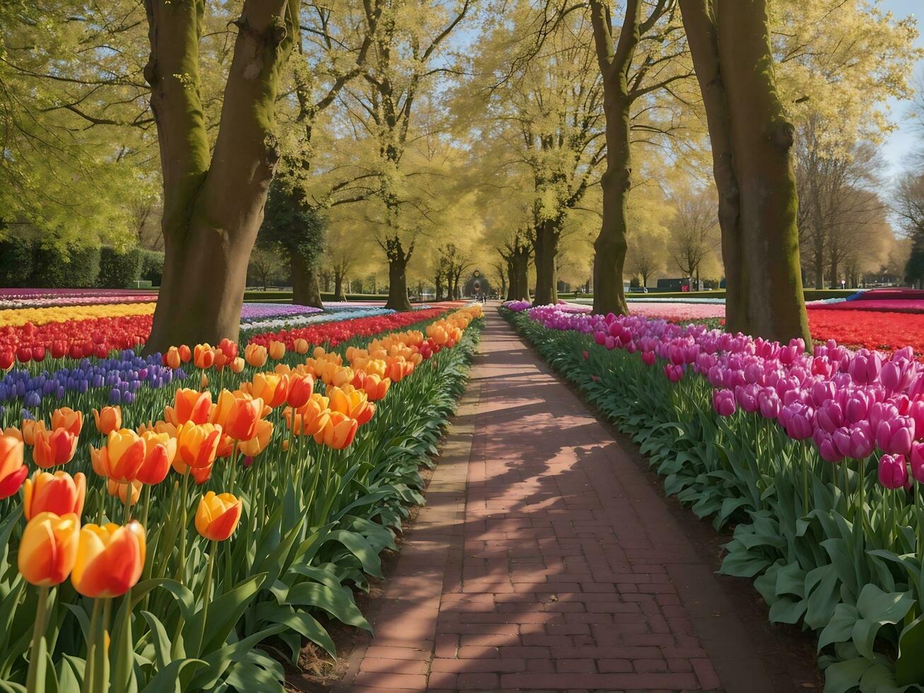 callejón entre vistoso tulipanes keukenhof parque lisse en Holanda generativo ai foto