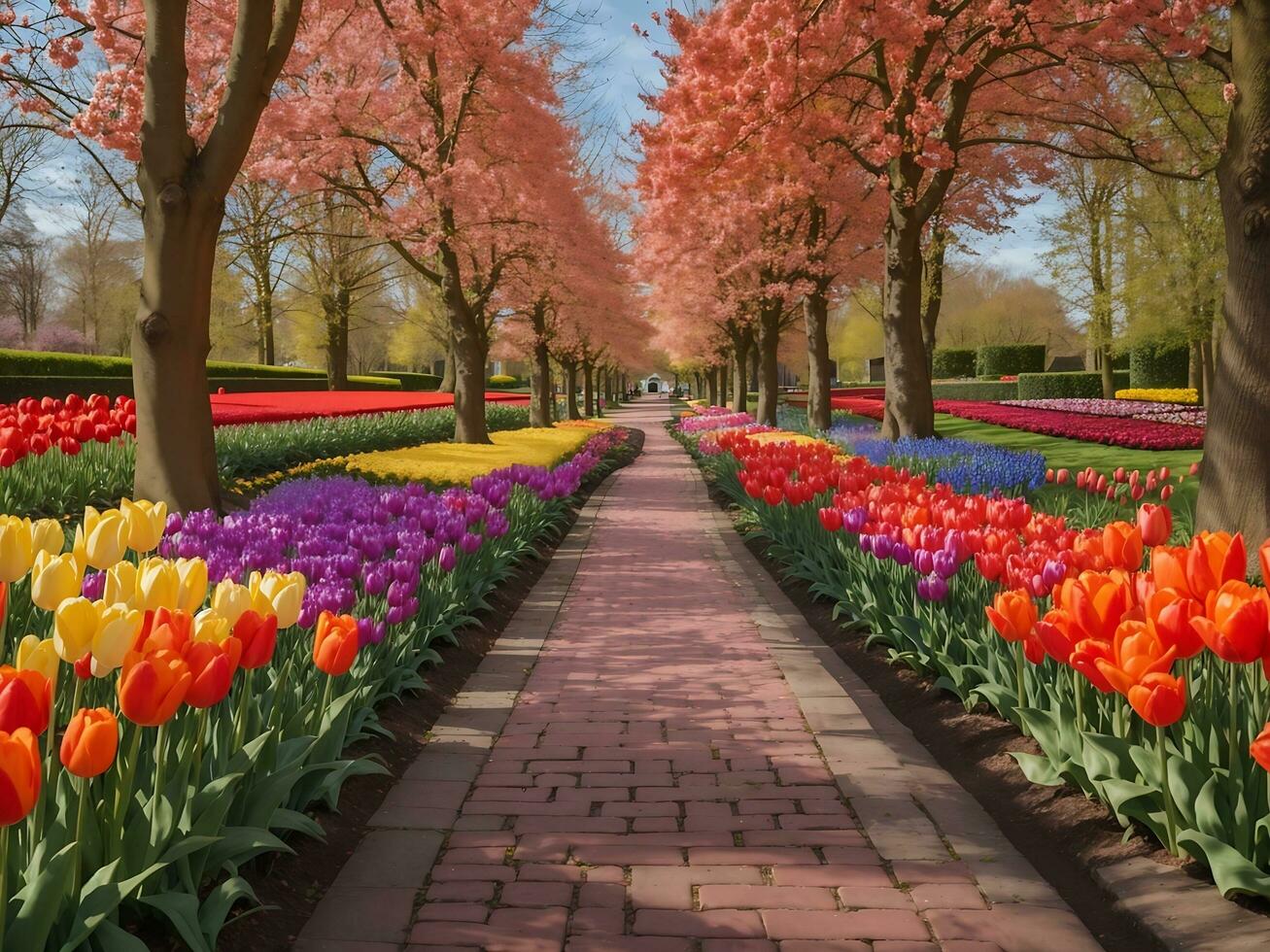 callejón entre vistoso tulipanes keukenhof parque lisse en Holanda generativo ai foto