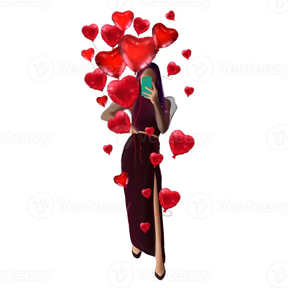 woman in evening dress on a background of red hearts, valentine's day png