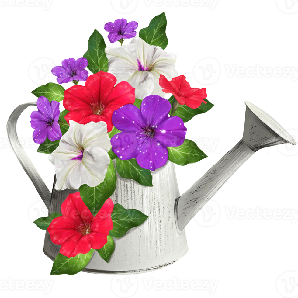 bouquet of pitunias in a watering can png