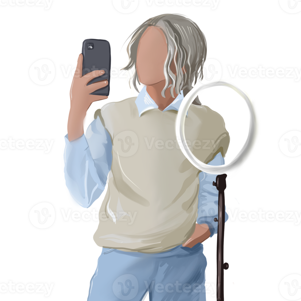 girl taking selfie on smartphone illuminated by softbox png