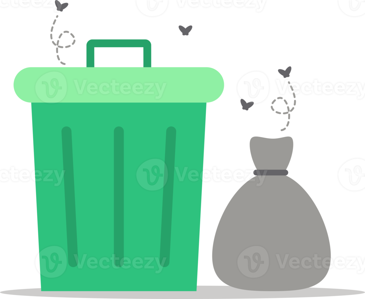 rubbish bin trashcan with black garbage bag and fly swarm icon png