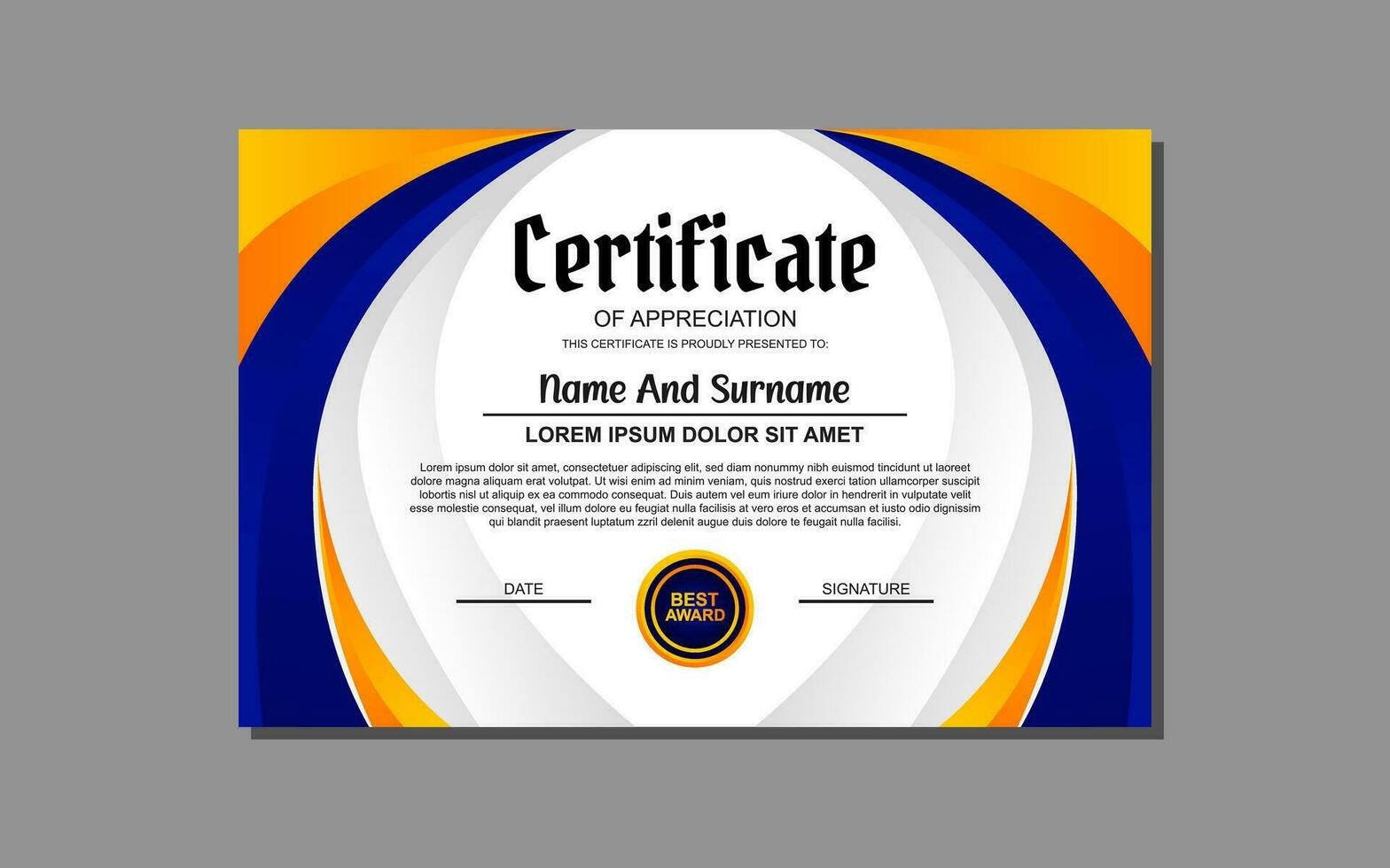 a certificate template with a blue and orange wavy design vector