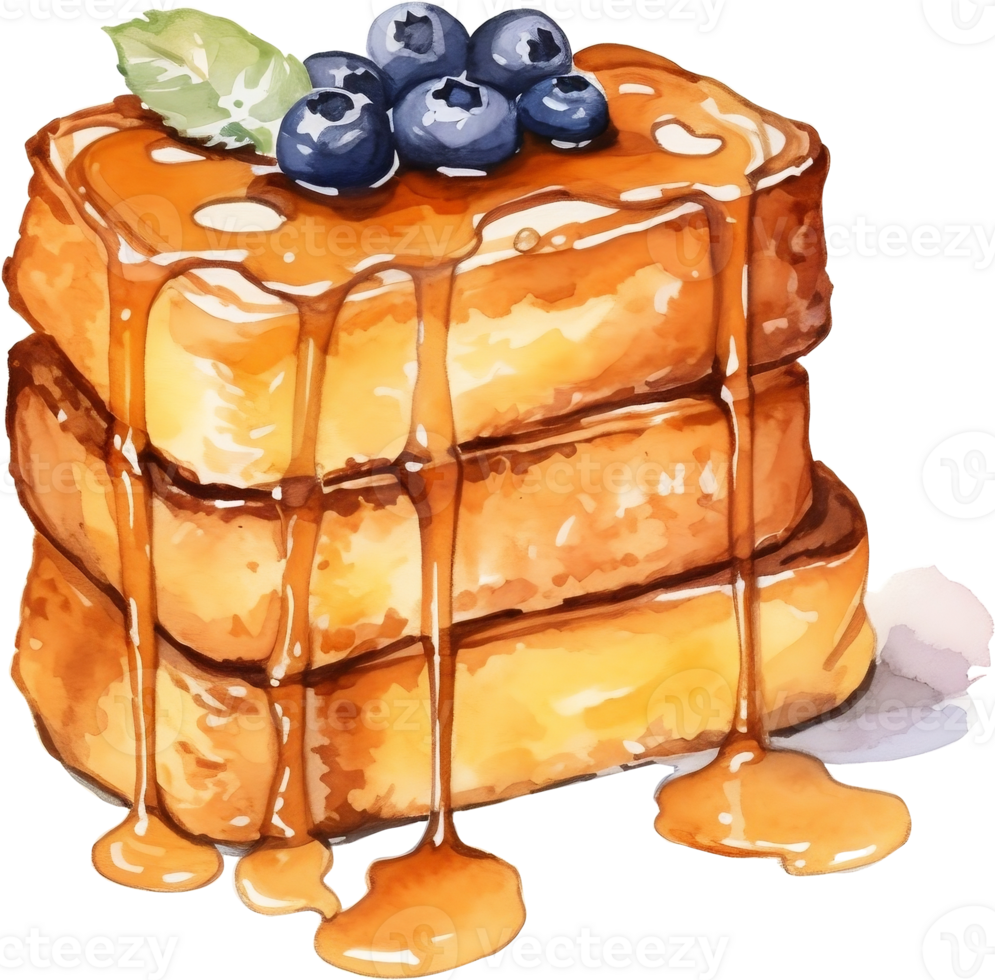 French toast with berries and maple syrup. Watercolor hand drawn illustration png