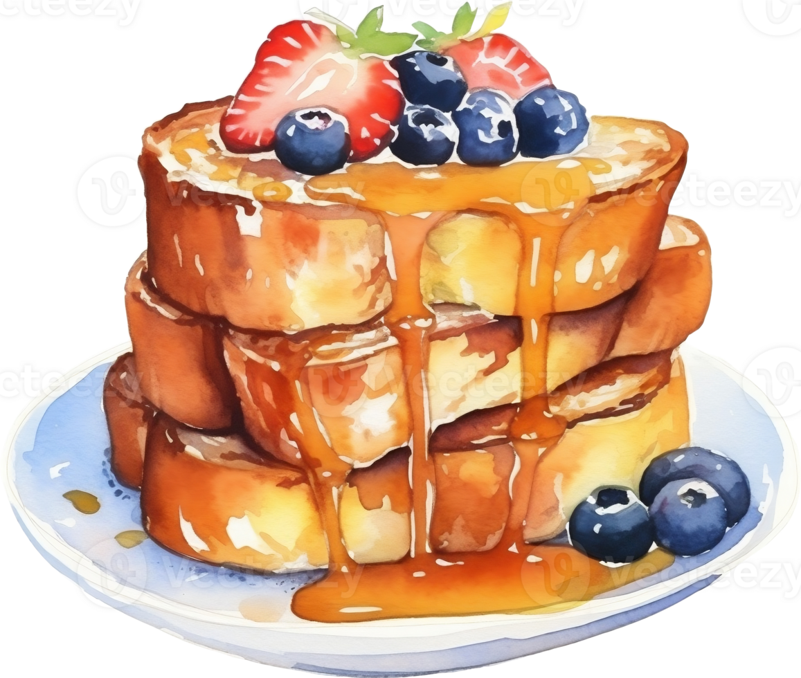 French toast with berries and maple syrup. Watercolor hand drawn illustration png