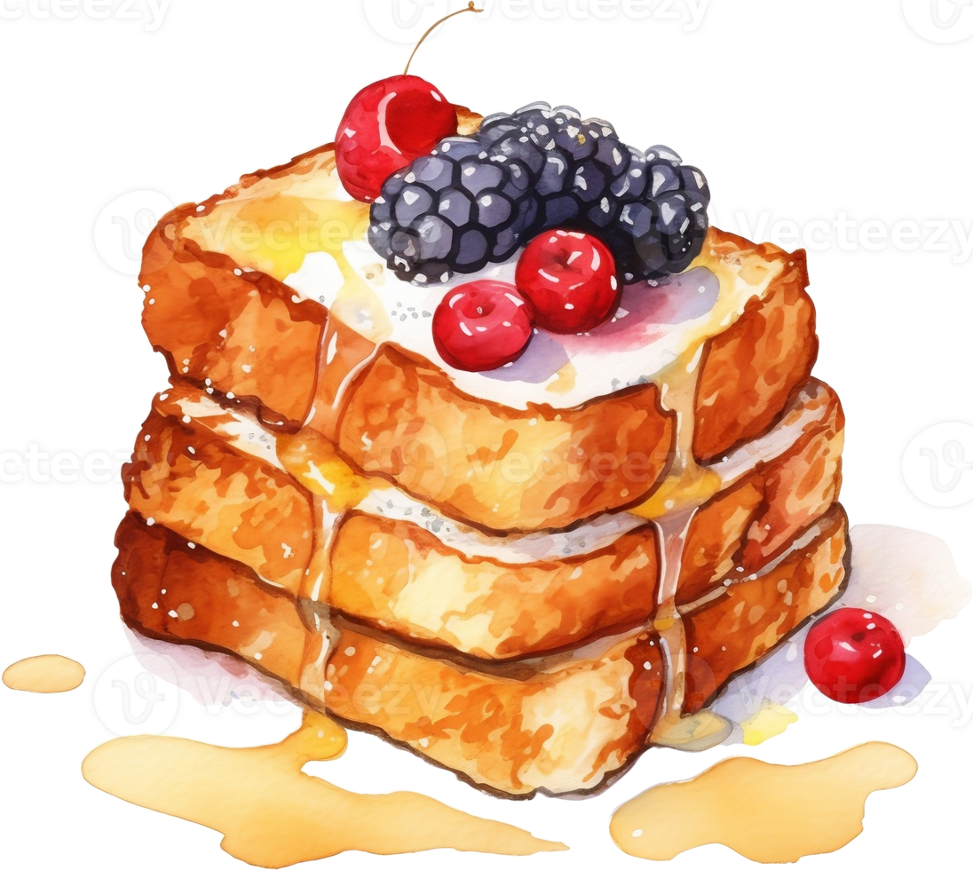 French toast with berries and maple syrup. Watercolor hand drawn illustration png
