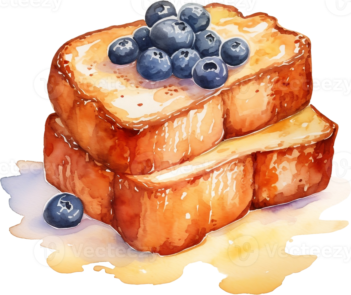 French toast with berries and maple syrup. Watercolor hand drawn illustration png