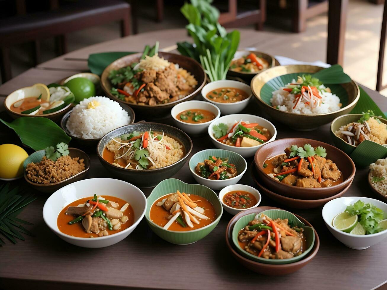 Photo variety authentic thai traditional meal on table Generative Ai