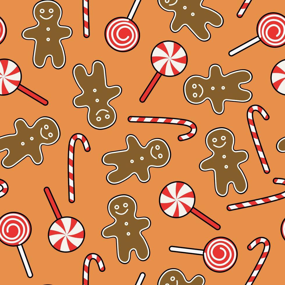 Pattern Cartoon sweets, candies, lollipops and gingerbread man. Festive food, sweet dessert. Christmas, New Year. Traditional homemade baked goods. Seamless background. Vector illustration.