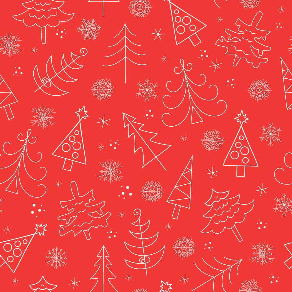 New Year's fir . Set of Christmas trees and snowflakes in doodle style. Icons. New Year vector illustration. Seamless background. For decoration of gift wrapping, textiles, wallpaper.