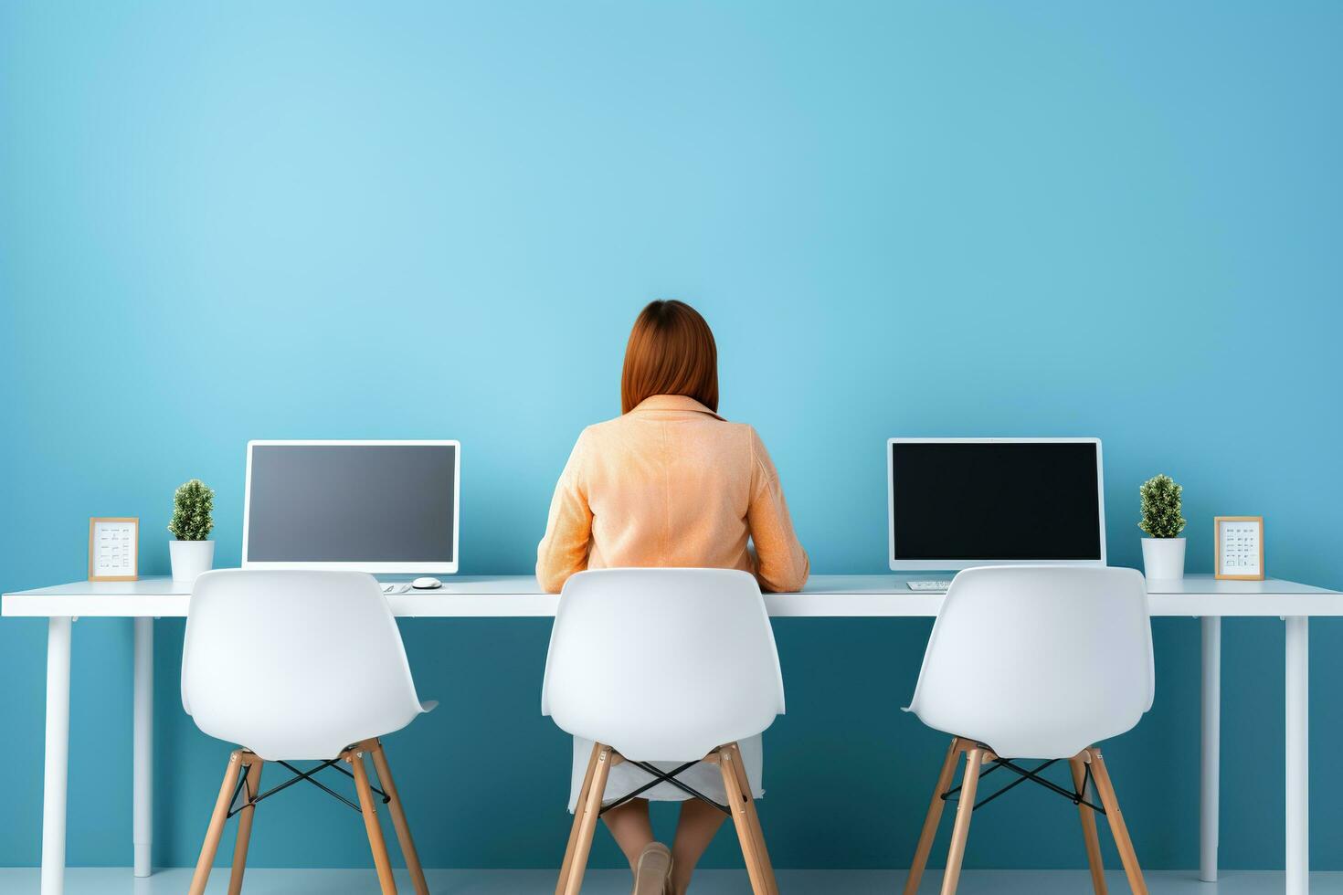 Woman working at a desk with computers. Internet and computer use concept. photo