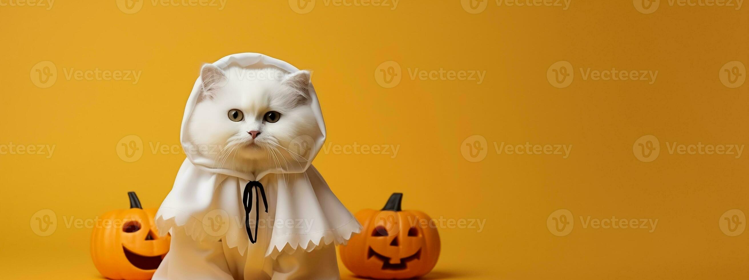 White cat in halloween costume isolated on yellow background. Panoramic banner template with copy space. AI Generated photo