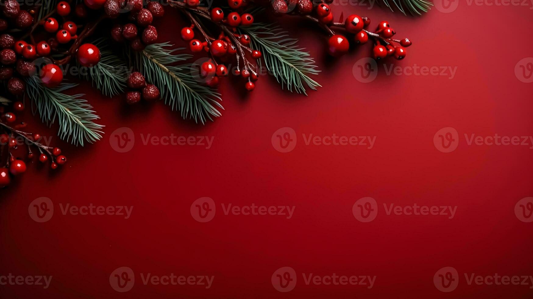 Beautiful celebratory Christmas red background with fir or pine branches and rowan berries. New Year's holidays. Top view with copy space. AI generated photo