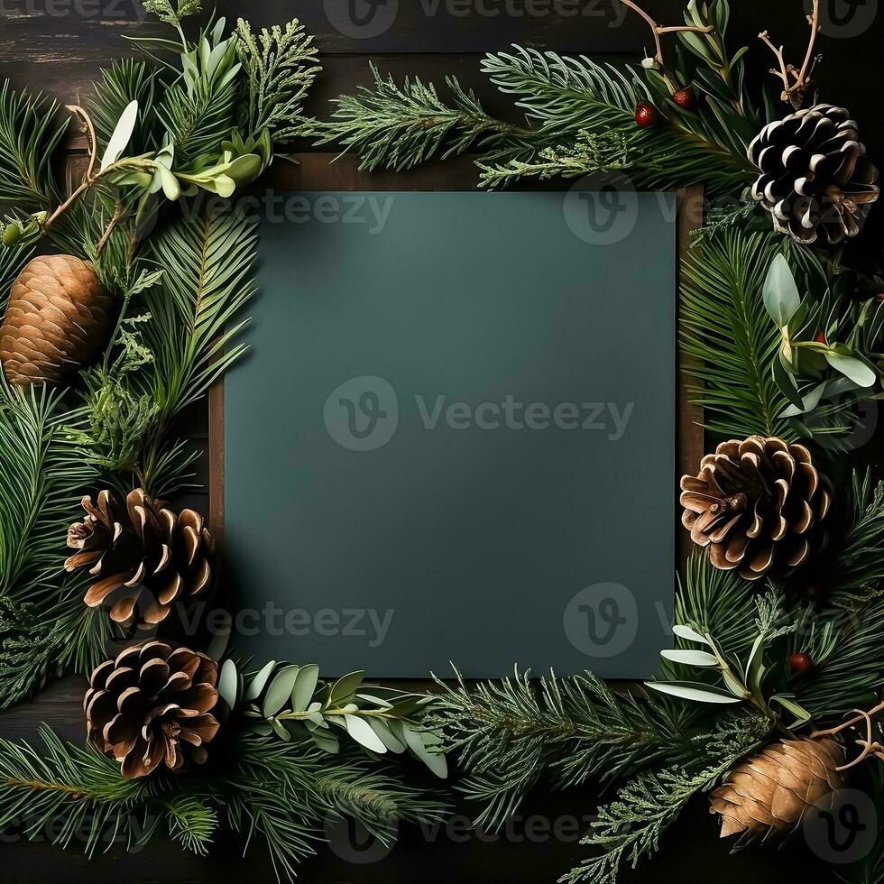 Christmas table layout with tree branches, paper card note, pine and fir cones. Xmas and New Year holidays theme. Flat lay, top view. Festive square banner template. Ai generated photo