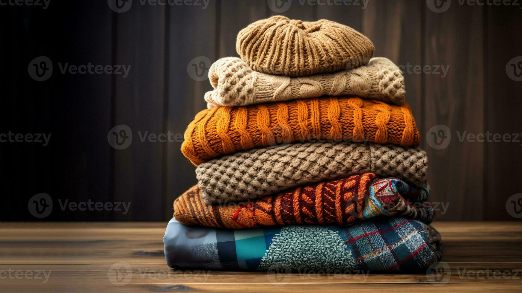 Pile of knitted winter sweaters on wooden background. Different knitting patterns on woolen clothes. Warm cozy autumn knitwear. Copy space for text. AI generated photo