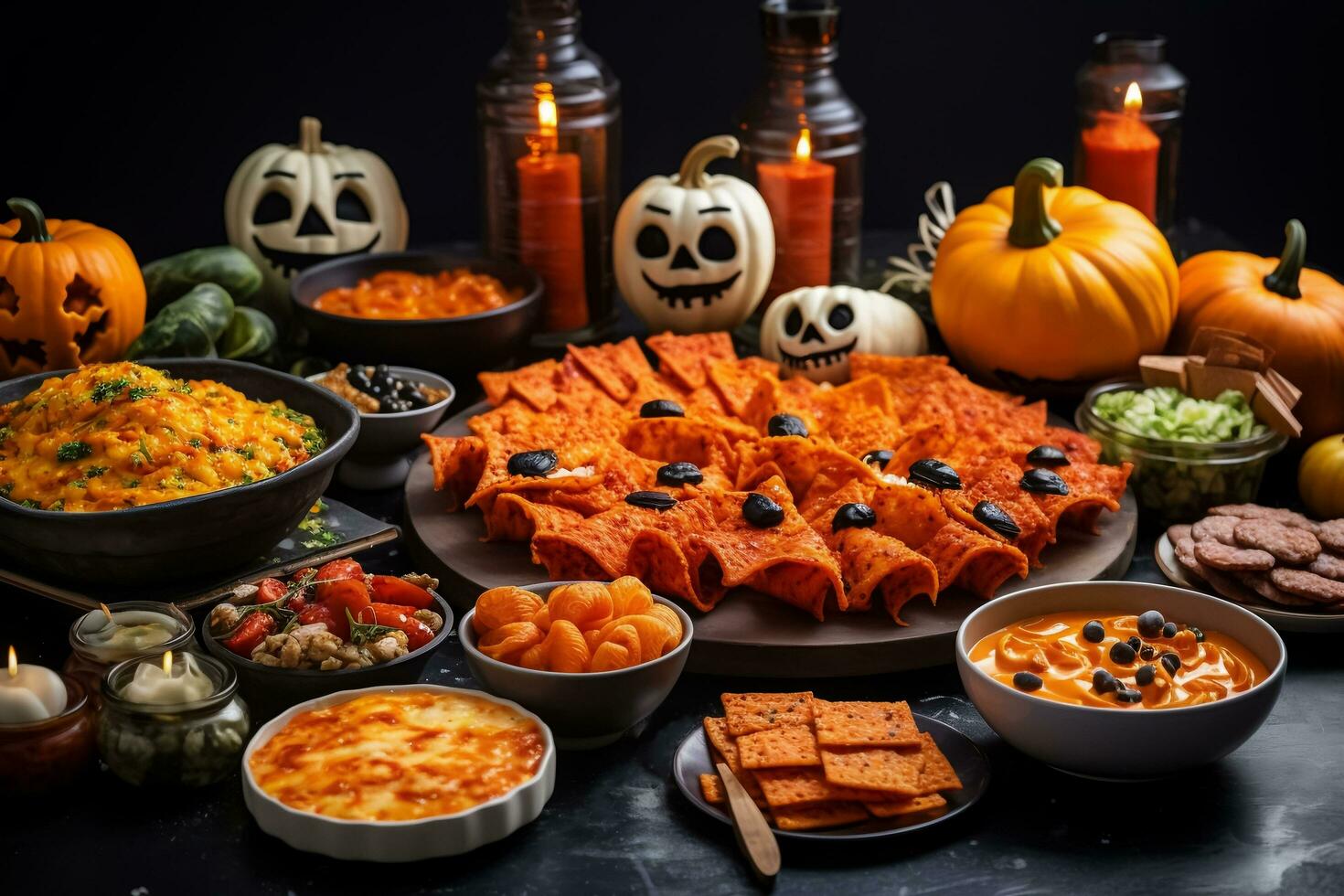 Halloween treat and snack. Scary dinner party. Delicious autumn meals on table. Nachos with cheese sauce, pasta, julienne and other food. AI Generated photo