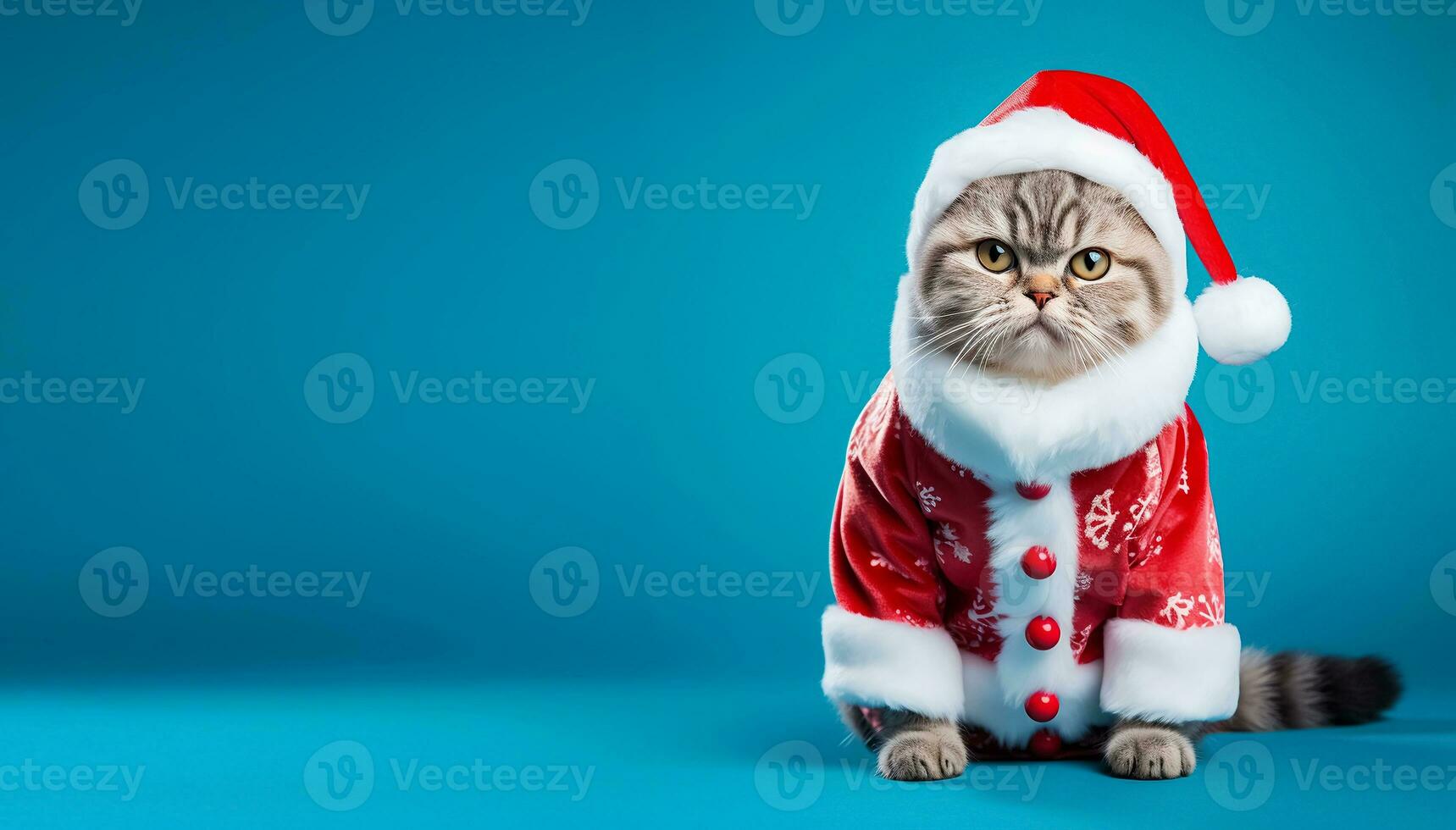 Cute cat in Santa Claus costume isolated on blue background. Happy New Year. Grey british kitten in festive Christmas red and white outfit. Banner template with copy space. AI Generated photo