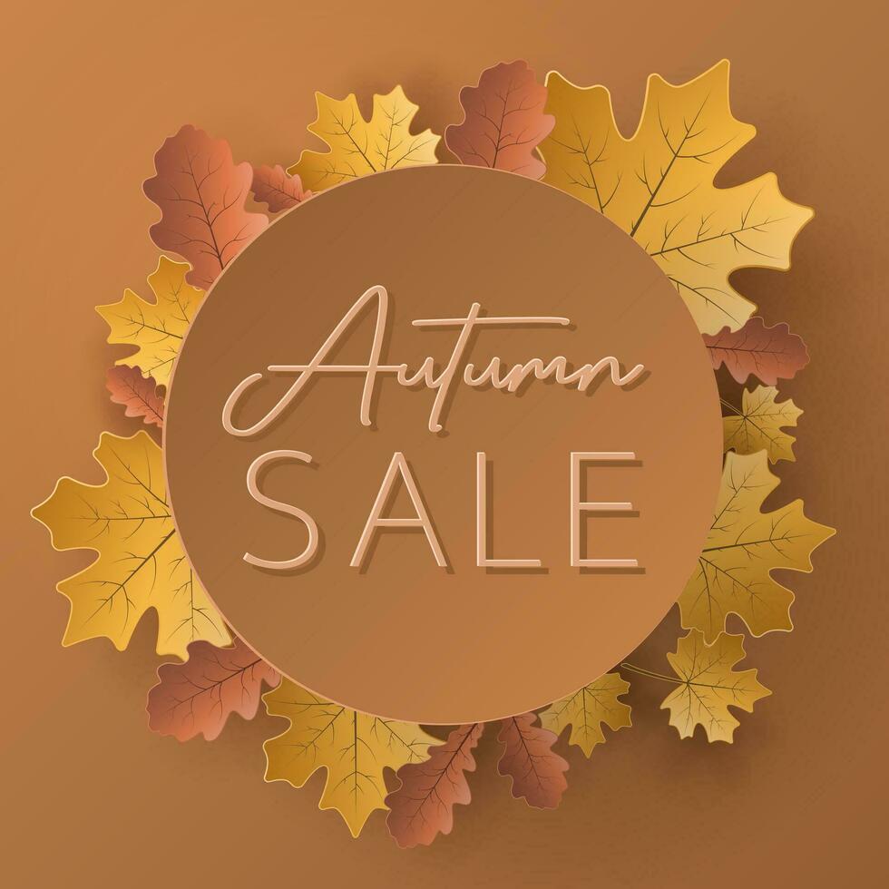 Autumn sale banner with paper cut leaves. Frame template 3D design illustration for fall season sale banner, poster, flyer, web site, paper cutout style, vector illustration and social media.