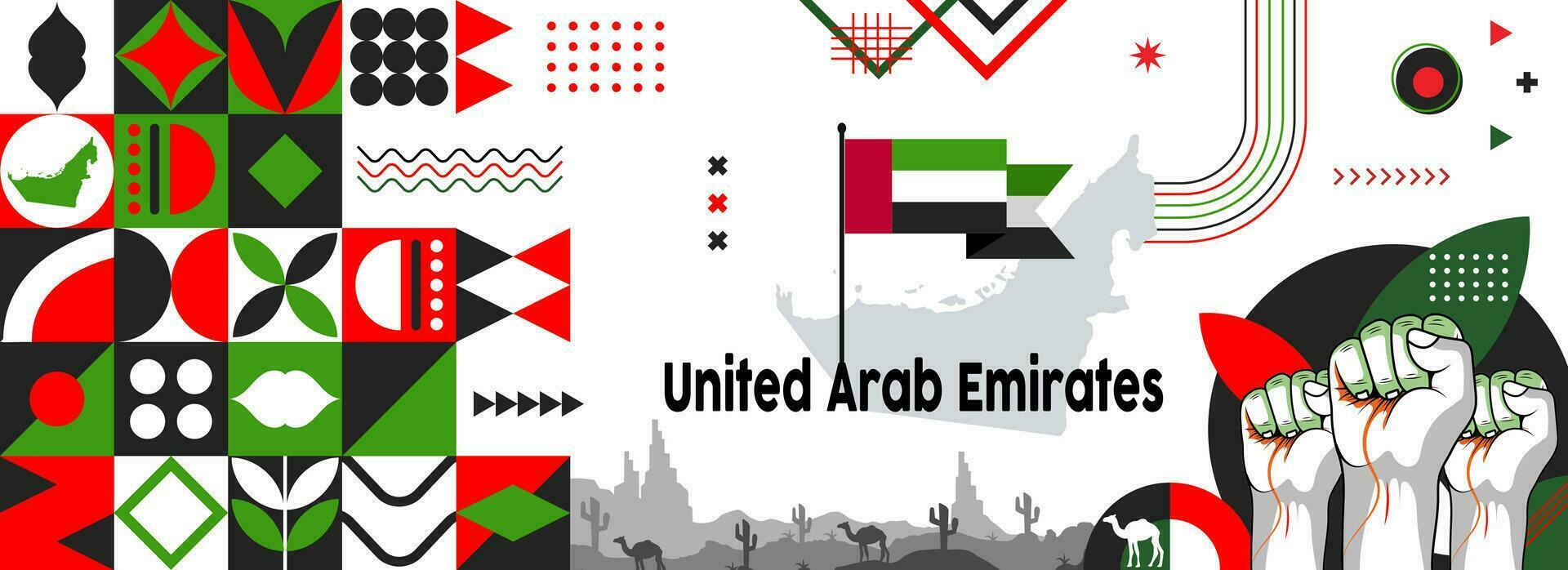 mapa y bandera de unido árabe emiratos nacional o independencia día bandera con tipografía. bandera colores tema antecedentes y geométrico resumen retro moderno colorido diseño vector