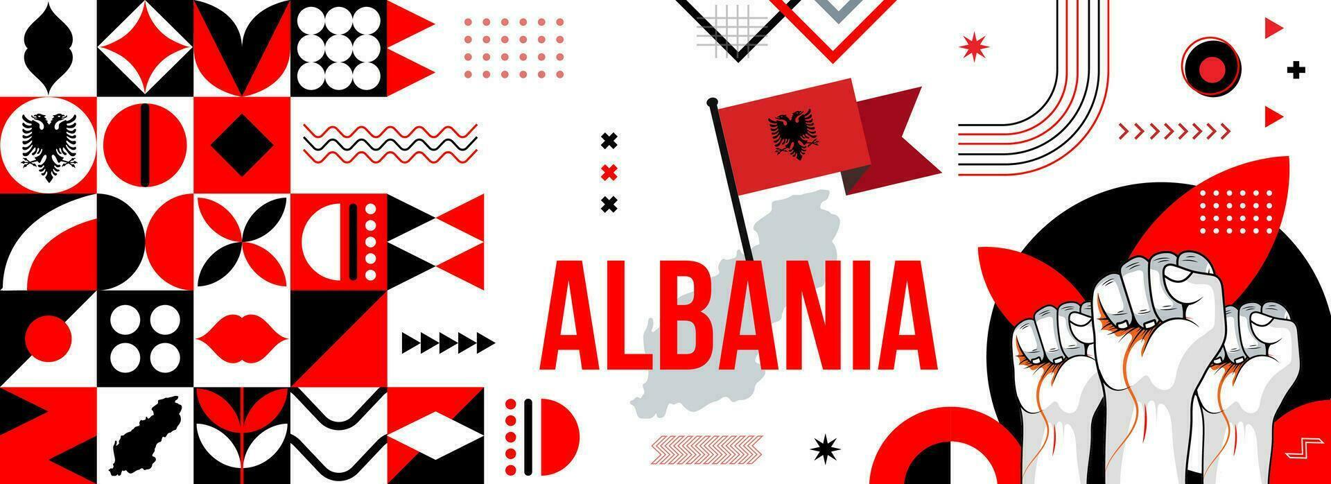 mapa y bandera de Albania nacional o independencia día bandera con elevado manos o puños., bandera colores tema antecedentes y geométrico resumen retro moderno colorido diseño vector