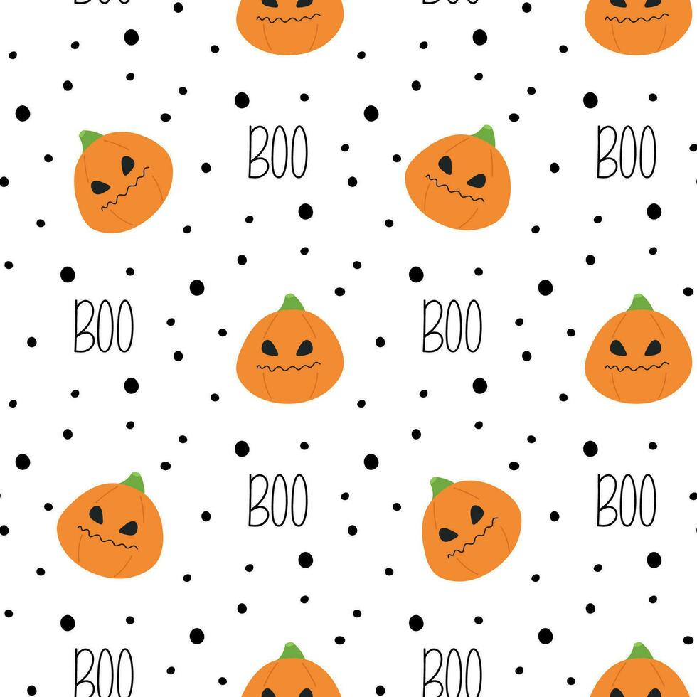 Happy halloween wrapping. Seamless pattern with angry pumpkin with dots and boo for kids background, fabric, posters, textile. Cute vector creepy
