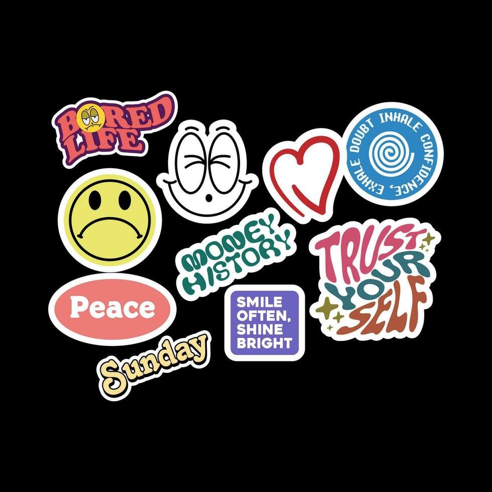 Sticker set Cute vector template decorated with cartoon image and aesthetic quotes graphic design