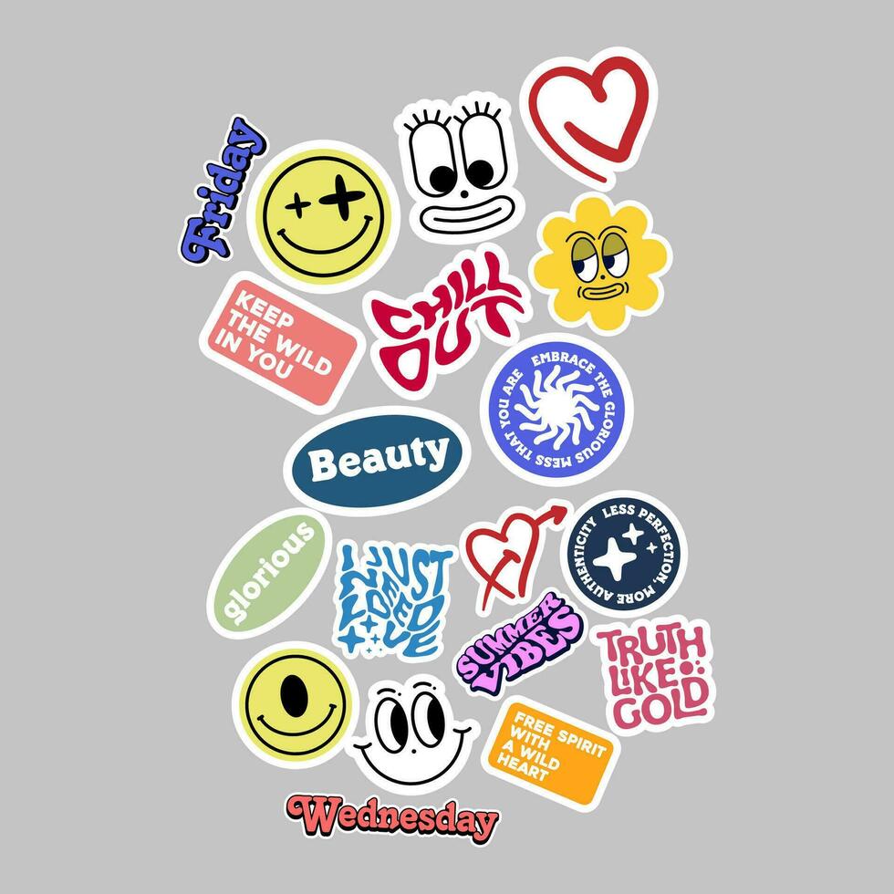 Sticker set Cute vector template decorated with cartoon image and aesthetic quotes graphic design