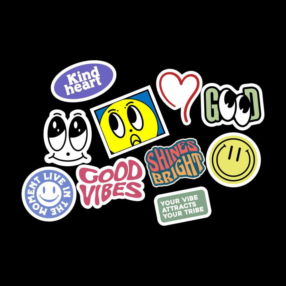 Sticker set Cute vector template decorated with cartoon image and aesthetic quotes graphic design