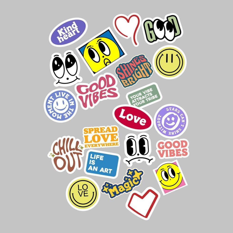 Sticker set Cute vector template decorated with cartoon image and aesthetic quotes graphic design