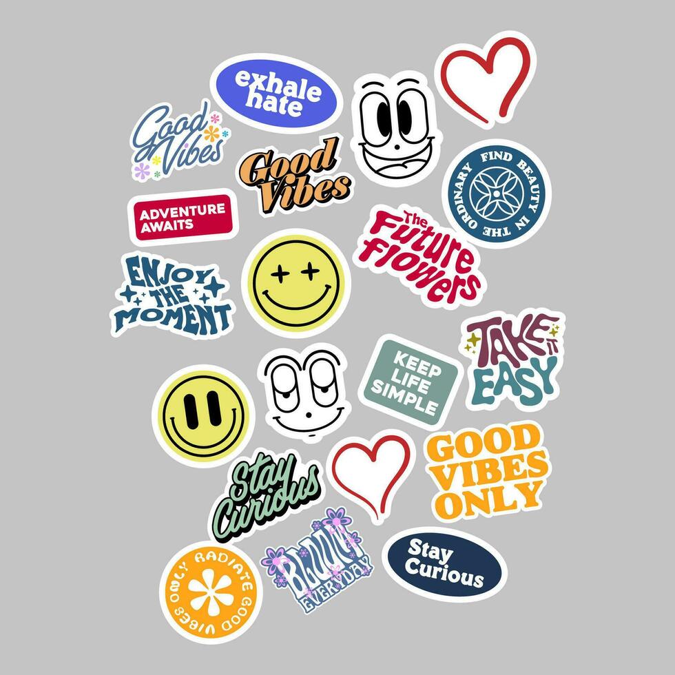 Sticker set Cute vector template decorated with cartoon image and aesthetic quotes graphic design