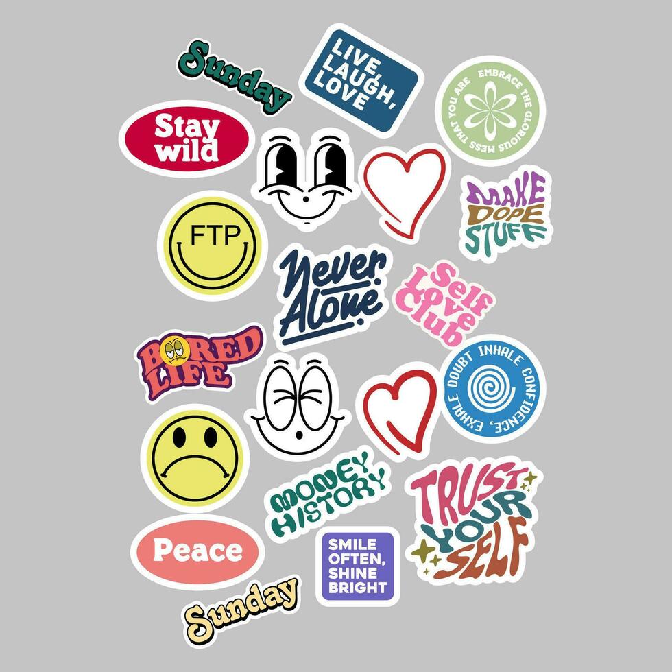 Sticker set Cute vector template decorated with cartoon image and aesthetic quotes graphic design