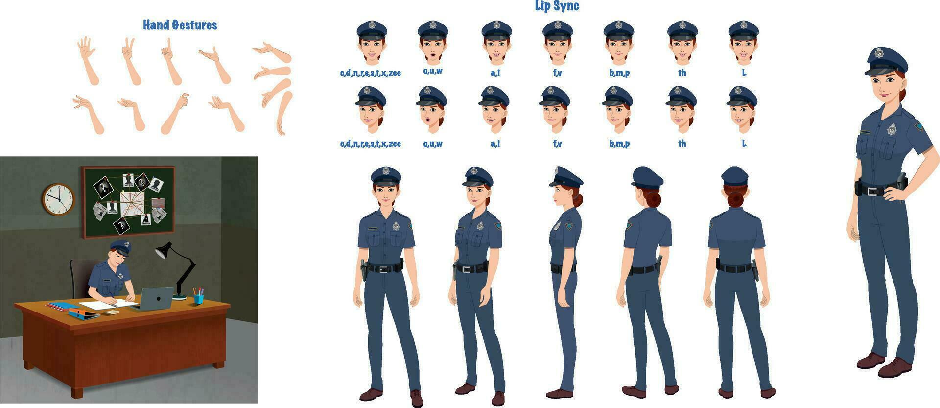 A policewoman, cop model sheet. Police creation set. Police inspector turnaround sheet, hand gestures, lip sync vector