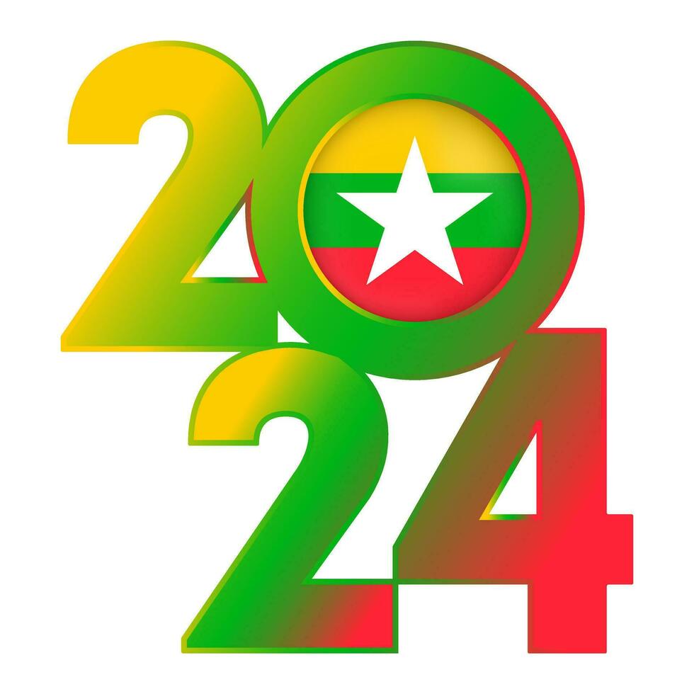 Happy New Year 2024 banner with Myanmar flag inside. Vector illustration.