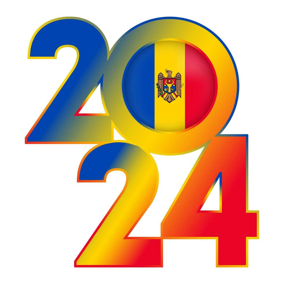 Happy New Year 2024 banner with Moldova flag inside. Vector illustration.