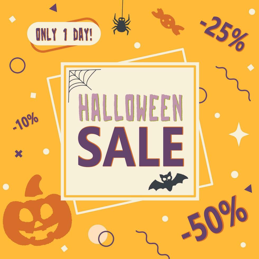 Vector template of Happy Halloween sale poster with symbols of Halloween and elements of Memphis style. Illustration for promotion and social media