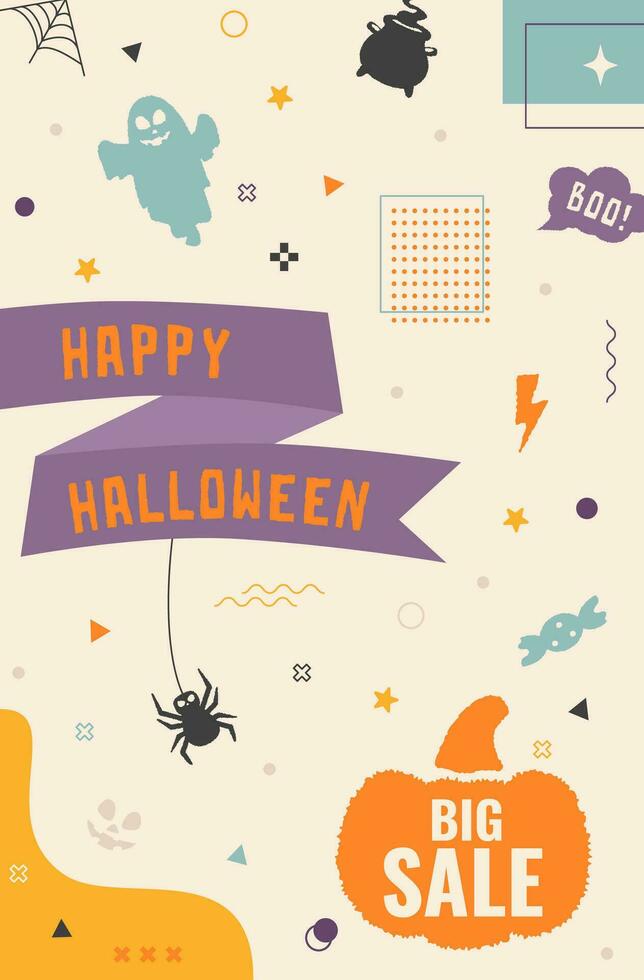 Design template of Happy Halloween big sale. Vector background in Memphis style for website, flier or social media marketing