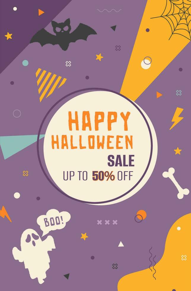 Happy Halloween sale banner and discount offer. Vector template in Memphis style for website, flier or social media marketing