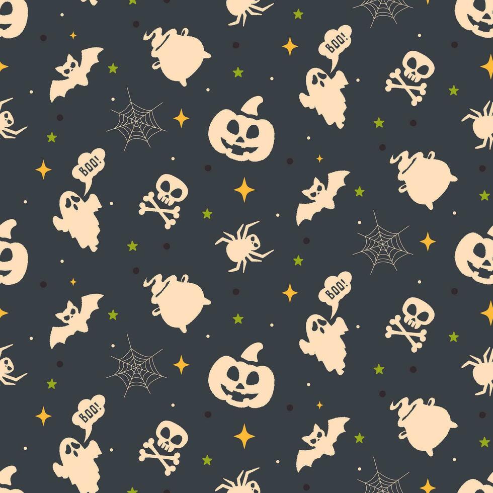 Seamless pattern with symbols of Halloween. Vector illustration for web, print or wallpapers. Includes elements such as a ghost, Jack's lantern, skeleton, spider and spider web, witch pot