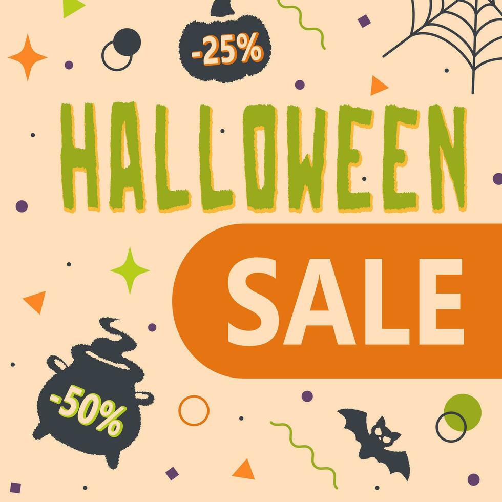 Happy Halloween sale poster with symbols of Halloween and elements of Memphis style. Vector promotion banner for social media