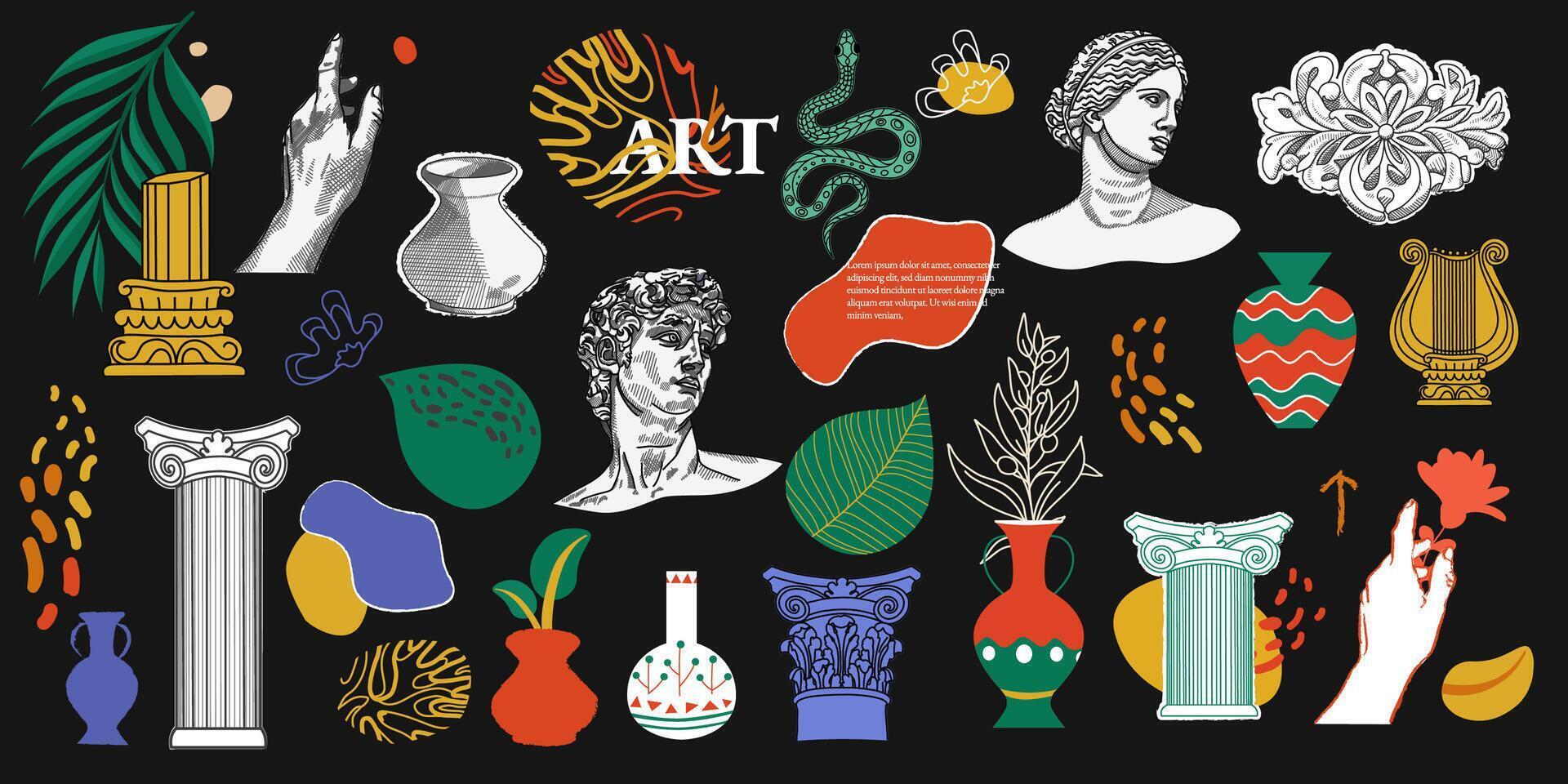 Ancient sculptures and modern art. Pillars, bust, harp, column, vases, amphoras, snake. Classic art elements and Abstract shapes sticker pack. Groovy retro 90s style Collection. Collage creator. vector