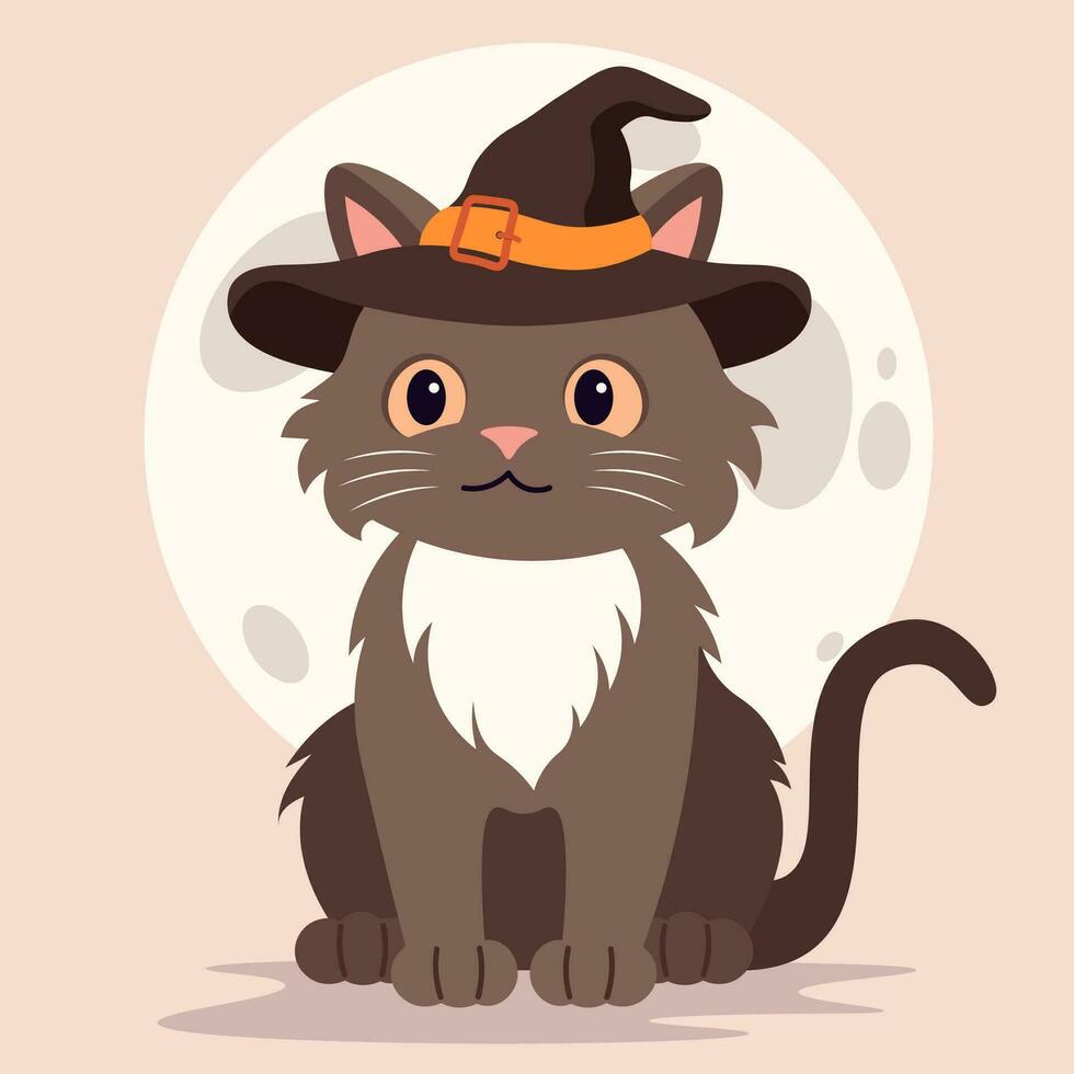 Cat In The Hat. Halloween Design. Cute Vector Flat Illustration